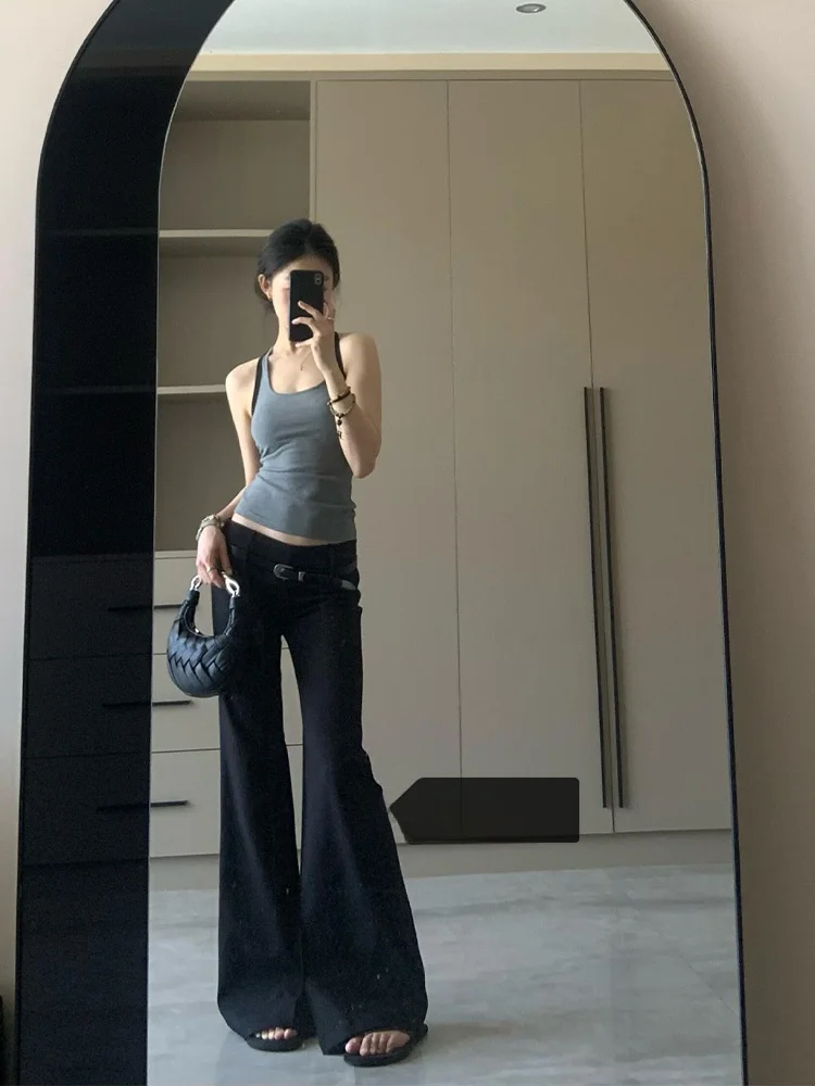 Taille basse jambe large costume pantalon femmes automne hiver Faion mince droite longueur de plancher pantalon haute rue Sle pantalons décontractés