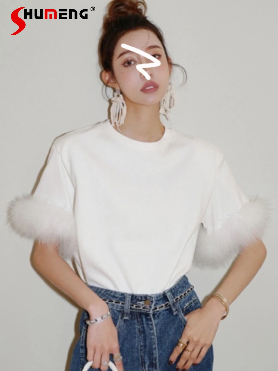 

Loose Comfort Socialite Tassel Furry T-shirt Top Women's 2024 Summer Casual Solid Color Hollow-out Short Sleeve Trendy T-shirts