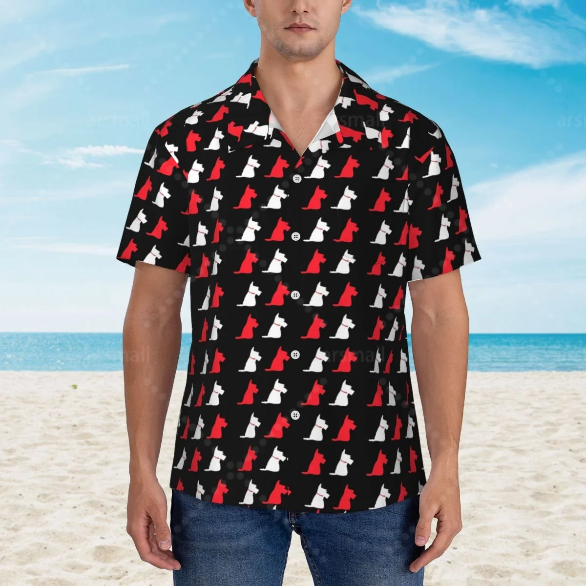 

Black And White Scottish Terriers Hearts Neoprene Hawaiian Shirt Men Short Sleeve Casual Floral Print Beach Shirt Summer