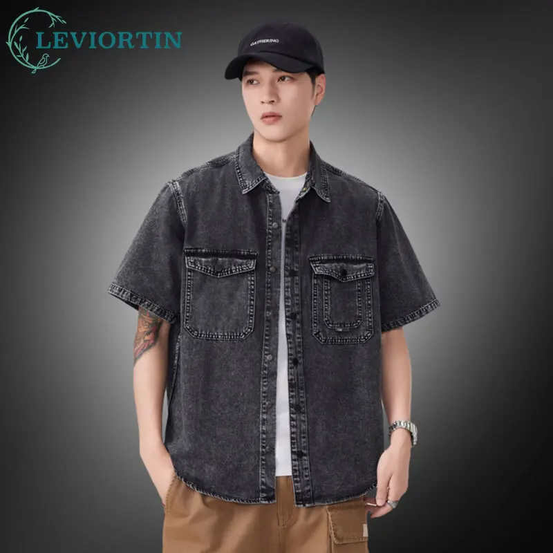 

Men's Summer Black Washed Denim Short Sleeve Shirt Lightweight Workwear with Multi-Pocket Buttons Breathable Casual Cowboy Style