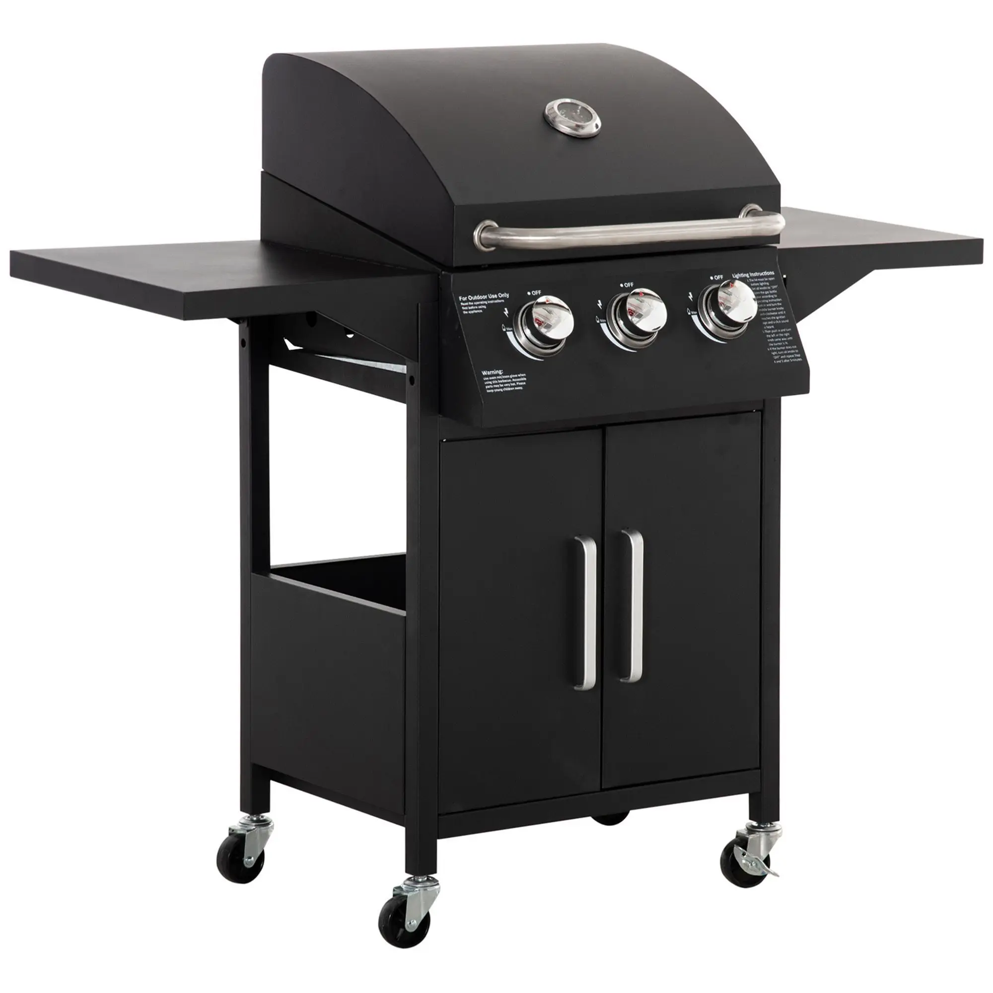 

Outsunny Outdoor 3 Burner Gas Grill Portable BBQ Trolley with Wheels Warming Rack Shelves Cabinet Thermometer Black