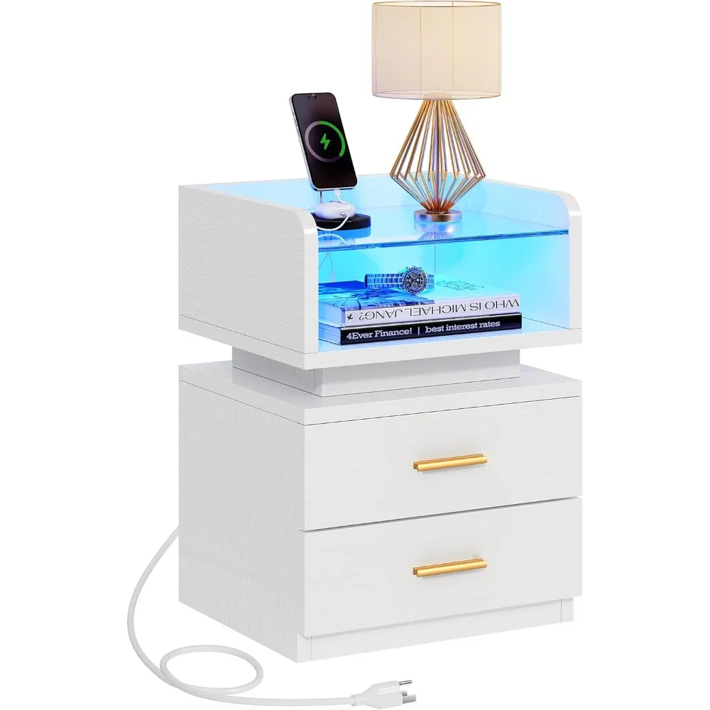 

LED Nightstand with Charging Station, Night Stand with Glass Top, Modern Bedside Tables with 2 Drawers for Bedroom, End Side Ta