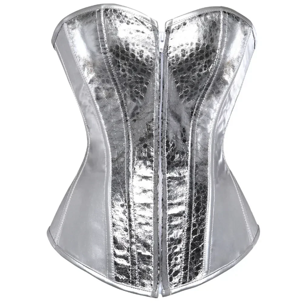 Silver Overbust Corset Top Women Vintage Style Leather Bustier Lace up Zipper Nightclub Sexy korsett Lingerie Strapless