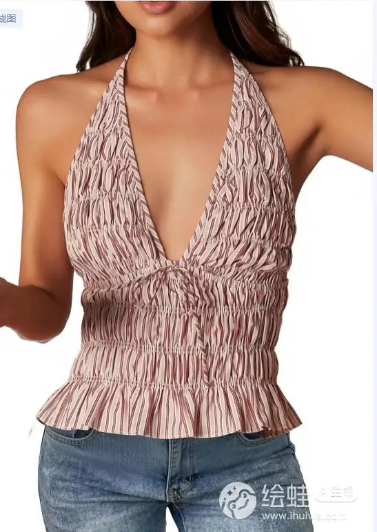 Women's Halter Neck Striped Tops Sleeveless Open Back Slim Fit Flower Tank Tops Smocked Shirts