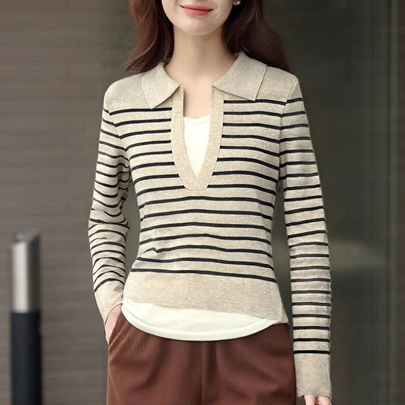 Sueter Feminino Turn Down Collar Striped Knitted Sweater Women Pullovers New Long Sleeve Knit Sweater Pullover Women Tops Q2113