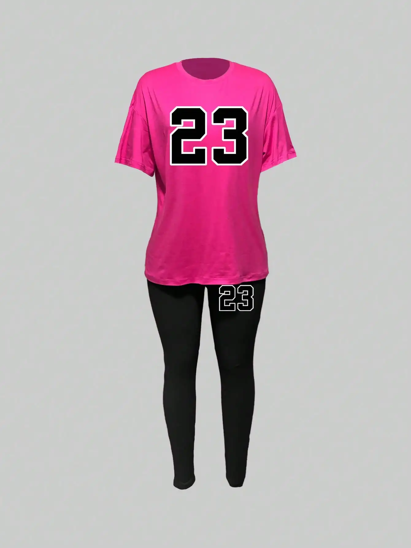 Damen-Set mit rosa T-Shirt und Leggings mit Nummer 23-Aufdruck, lässiges, sportliches zweiteiliges Outfit für Frühling und Sommer