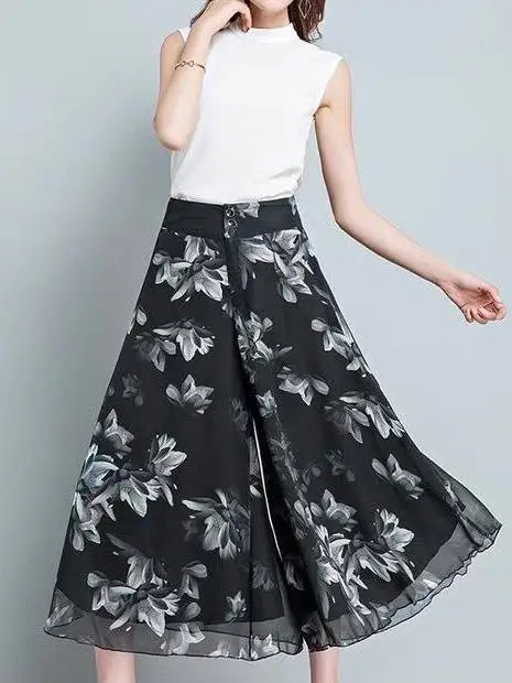 

Summer Thin Print High Waist Loose Drapey Mom Wide Leg Pants Women's Half-length Casual Comfortable Polyester Blend Skirt