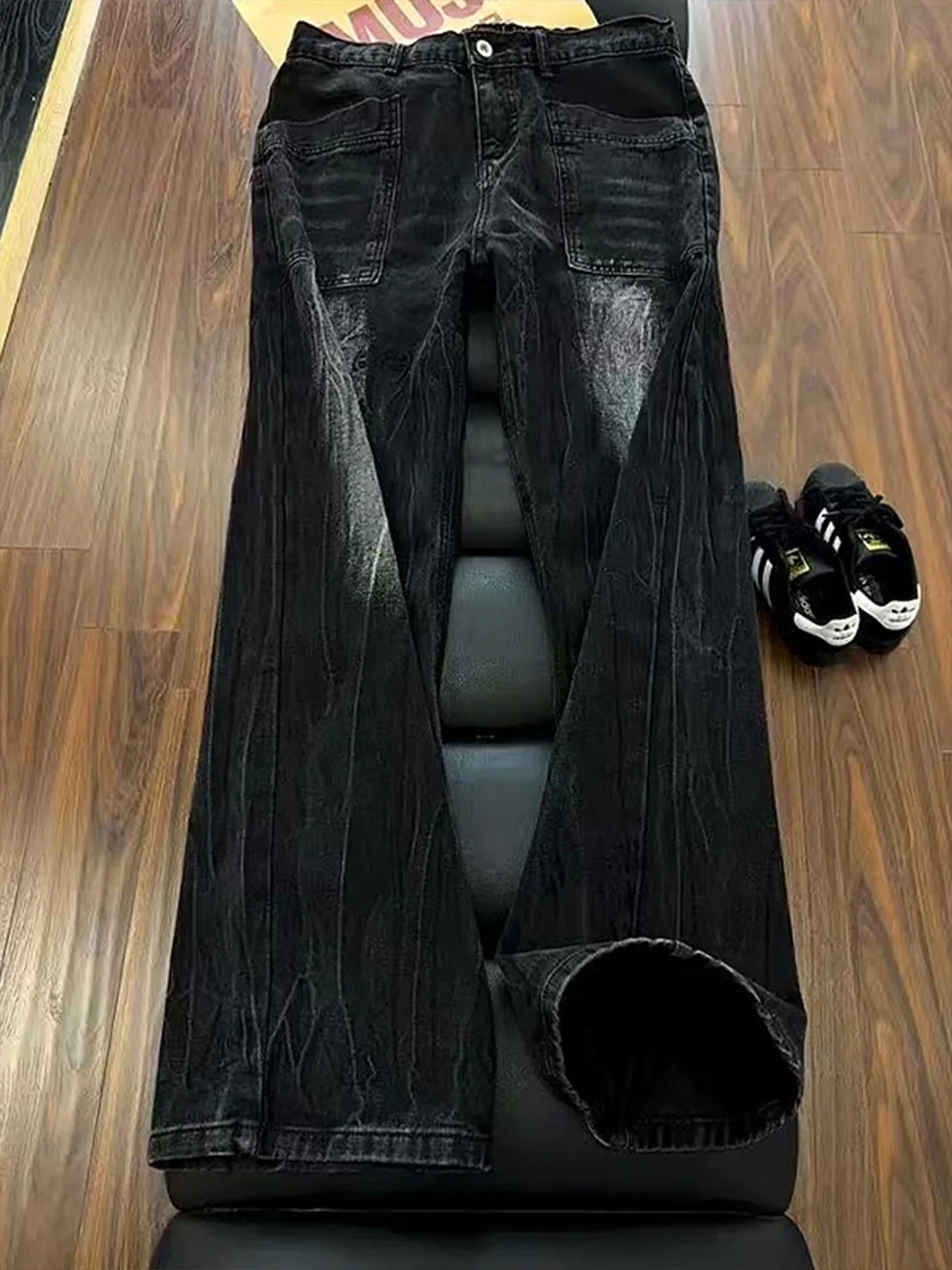 

Black Bamboo Node Denim Pants Men's American Style High Waist Straight Leg Workwear Trousers Cleanfit Flared Casual Jeans