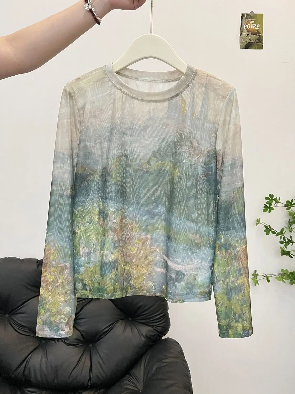 Women Y2K Mesh Shirt Gradient Tie Dye Long Sleeve Sunscreen See Through Conditioned Summer Top