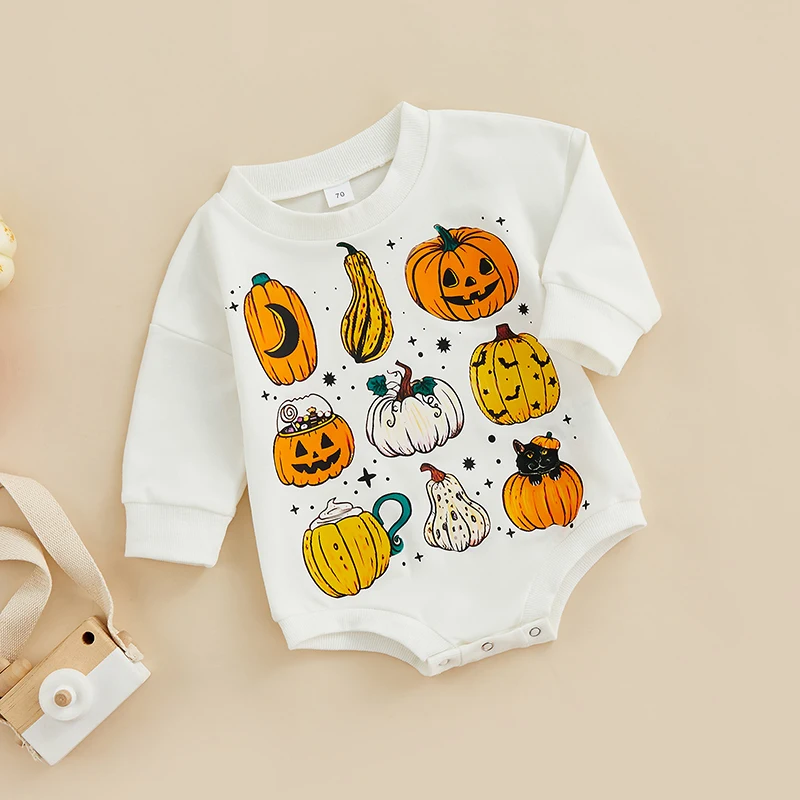 Infant Unisex Jumpsuit Adorable Long Sleeve Round Neck Romper with Spooky Ghost Print and Convenient Button Closure