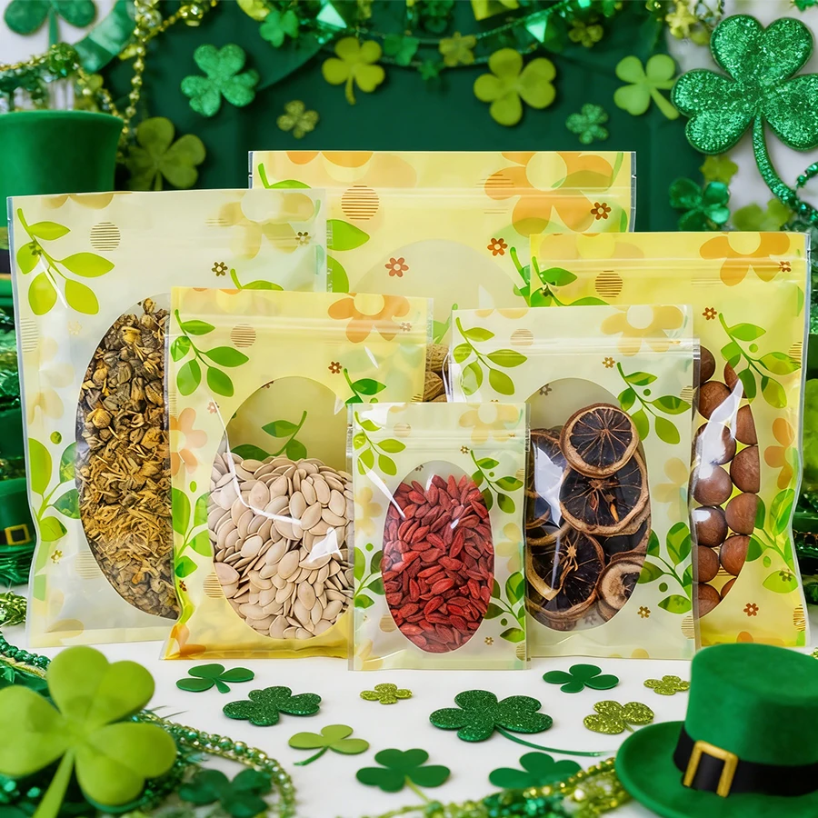 50/100 Stück Geschenktüten zum St. Patrick's Day, selbstverschließende Beutel mit Fenster und flachem Boden für Süßigkeiten, Snacks, Hochzeitsgeschenke, Lebensmittelaufbewahrung