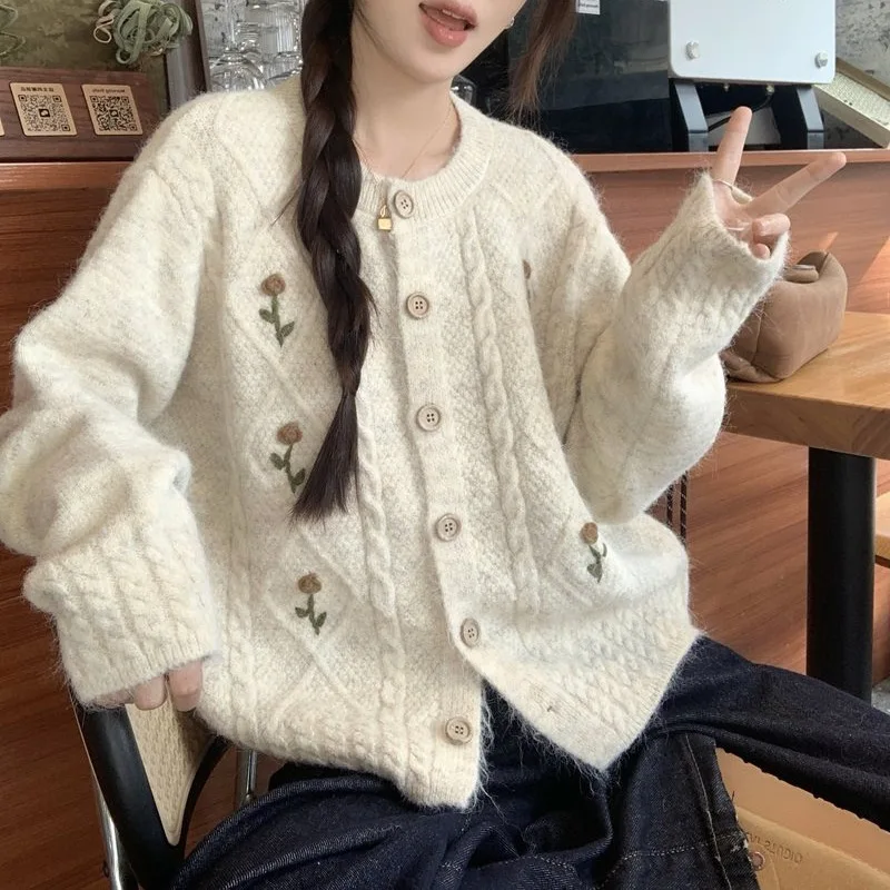 Cárdigan de punto de estilo suave, nuevo estilo de otoño/invierno, abrigo de suéter suelto dulce y suave
