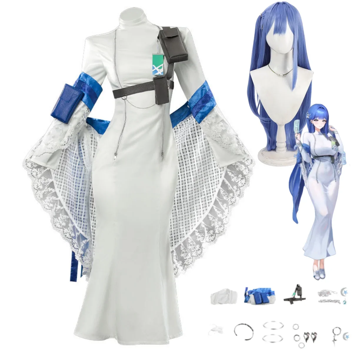 2026 فستان محكم التفصيل الأبيض شال شعر مستعار امرأة مثير كرنفال ملثمين الكرة البدلة لعبة نيكي: آلهة النصر أركانا تأثيري حلي