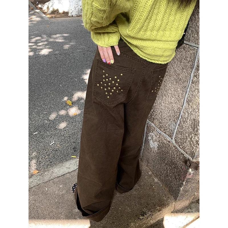 Y2K レディース ゴシック ブラウン ストリートウェア ハイウエスト レトロ ワイドレッグパンツ リベット付き カジュアルパンツ アメリカンファッション 原宿スタイル
