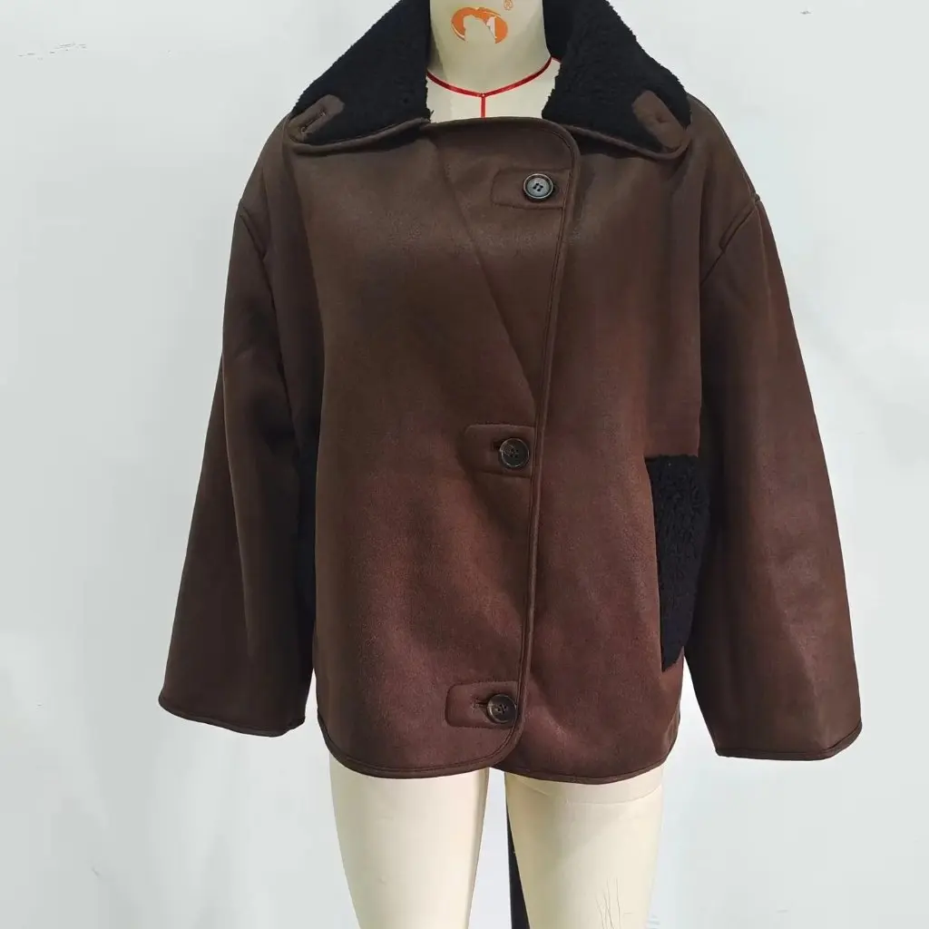 Cárdigan de una sola botonadura con solapa holgada para mujer, versión grande, chaqueta integrada de piel para otoño e invierno, nuevo estilo americano