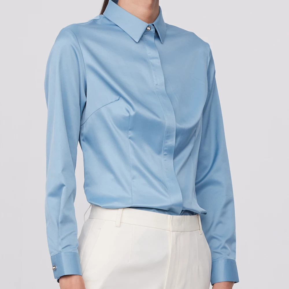 Women's Office Lady Non-iron Silk Touch Long Sleeve Shirt Without Pocket Hidden Buttons Placket Slim-fit Versatile Female Shirts