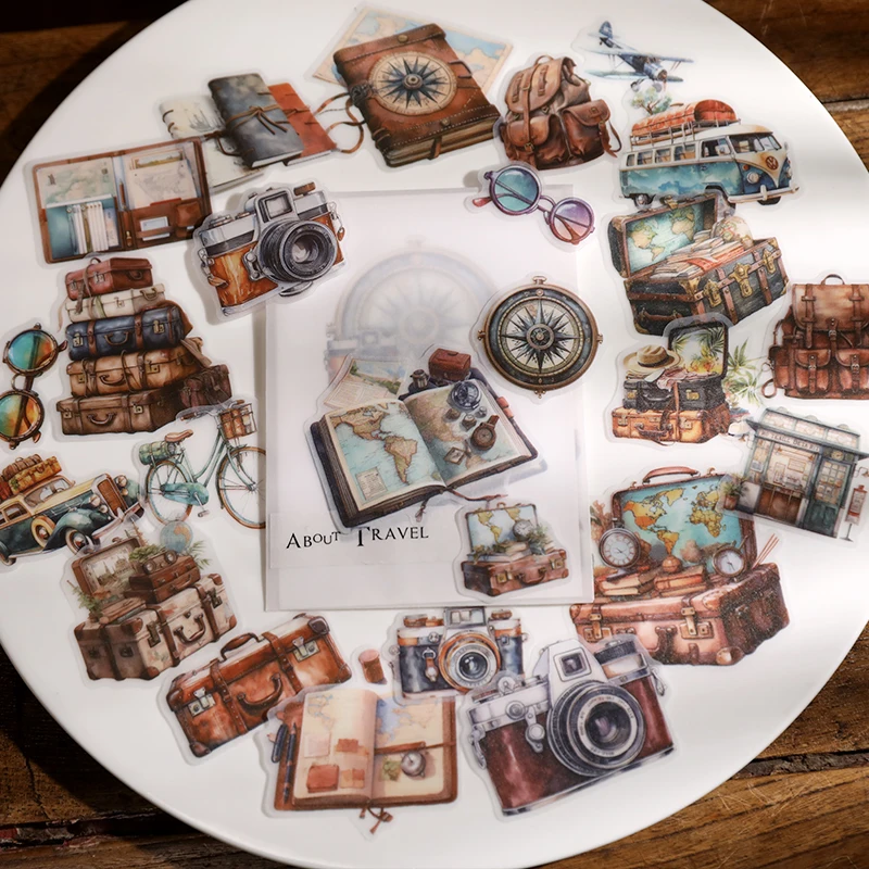 25pcs Vintage Travel Stickers Junk Journal Collage Transparent Camera Backpack Decorative Stickers Album Scrapbooking Material