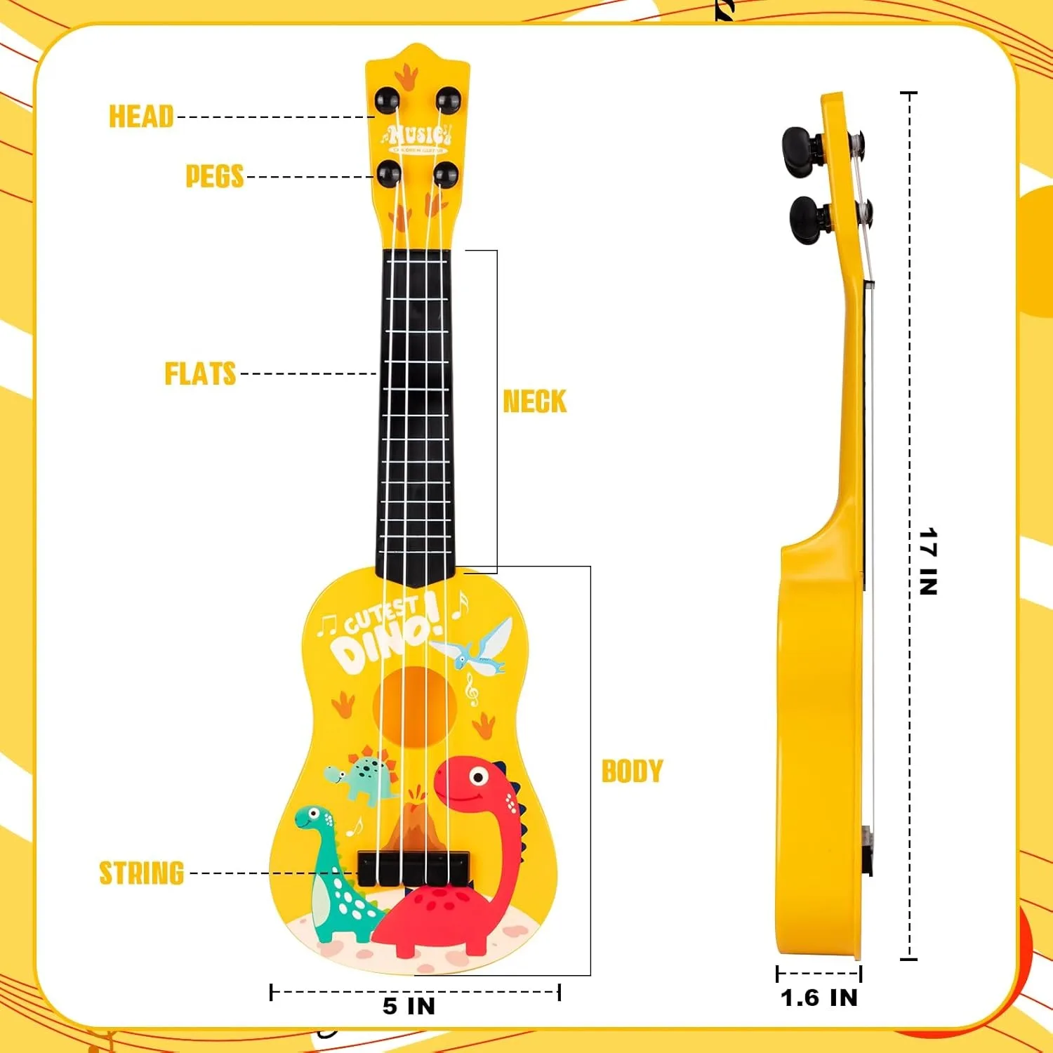 17 Polegada mini crianças guitarra clássica ukulele de 4 cordas-design dinossauro, presente de aniversário de natal, brinquedo musical para iniciantes, festa