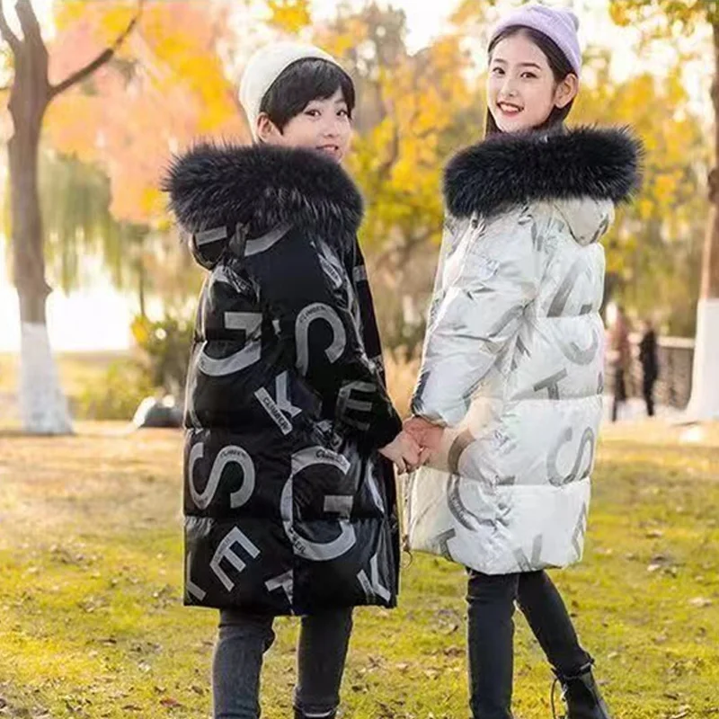 2024 Winter Boys Jackets Children Thickened Down Coats New Long Fur Collar Casual Outerwear Kids Windproof Padded Clothing