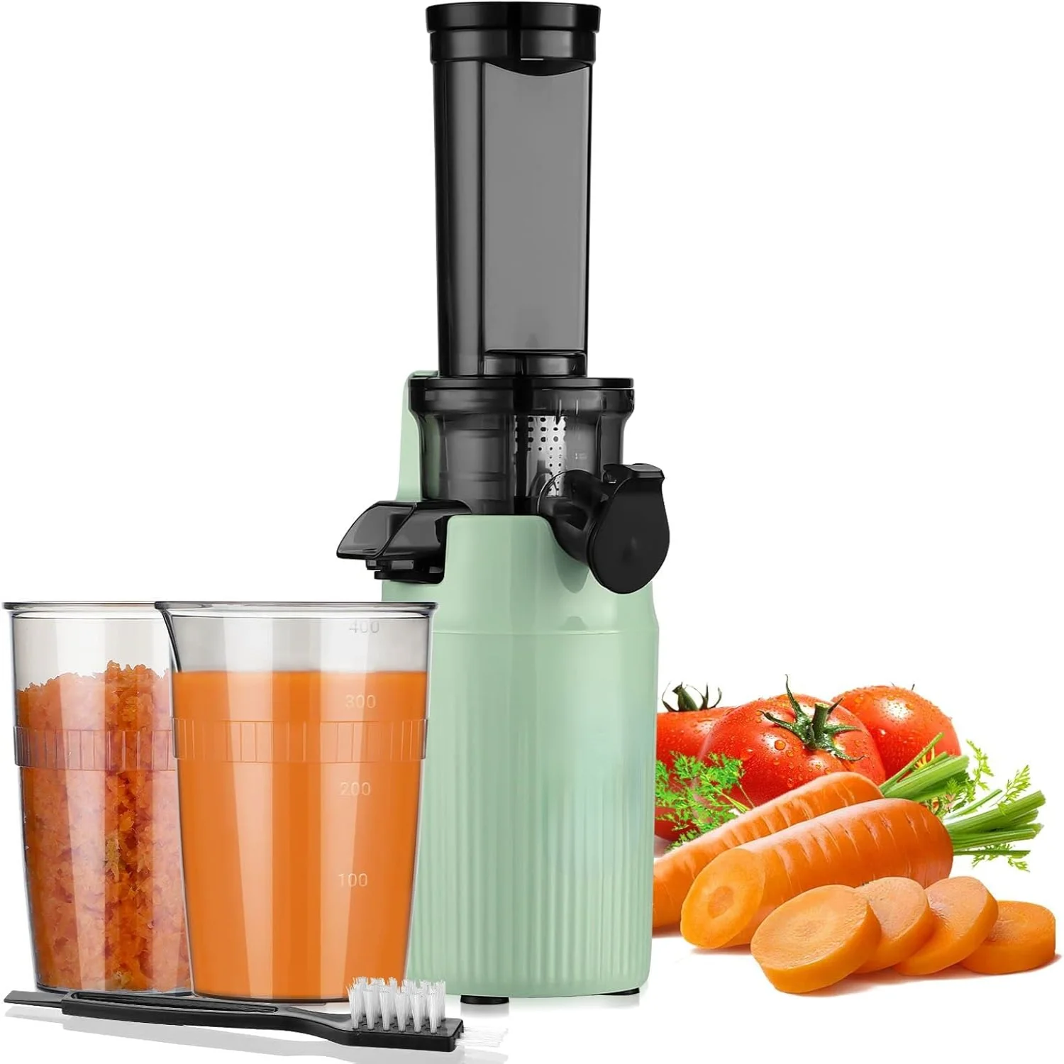 SOVIDER Mini exprimidor compacto de prensa en frío: fácil de limpiar y portátil, exprimidor de masticación lenta con función inversa y vasos con cepillo