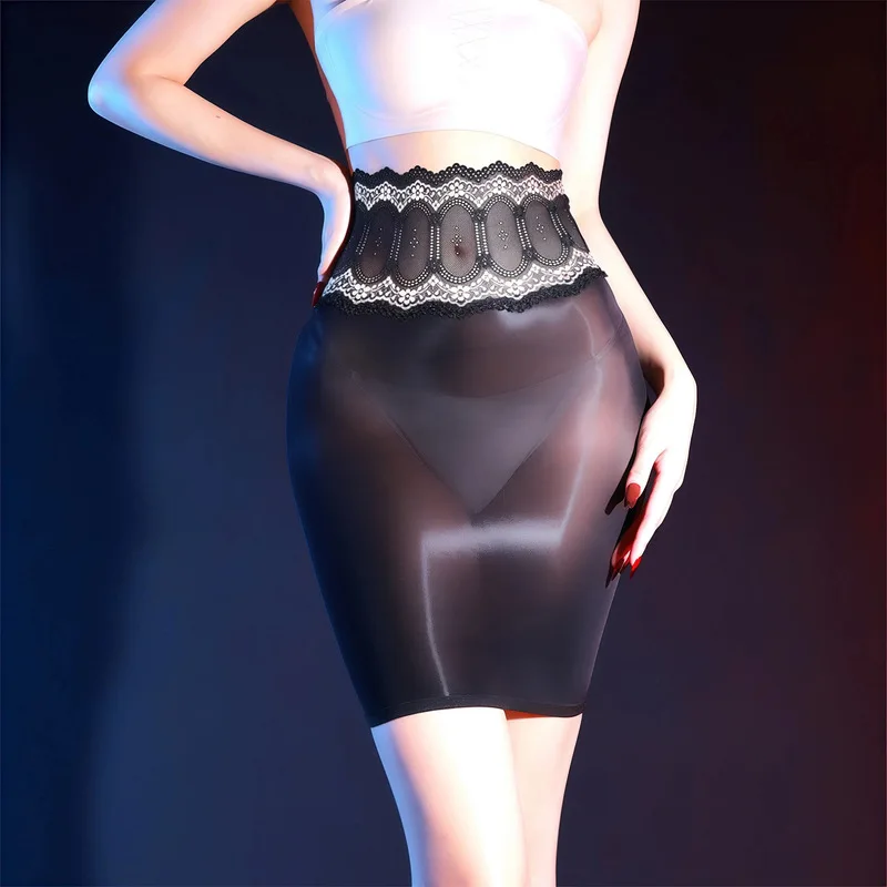 See-through silky shiny lace waist-hugging, sexy tight-fitting hot and alluring no-removal stockings mini skirt