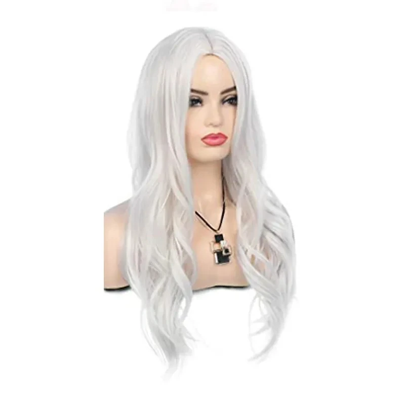 Peruca longa ondulada prateada branca com destaques para mulheres, parte média natural, perucas sintéticas, resistente ao calor