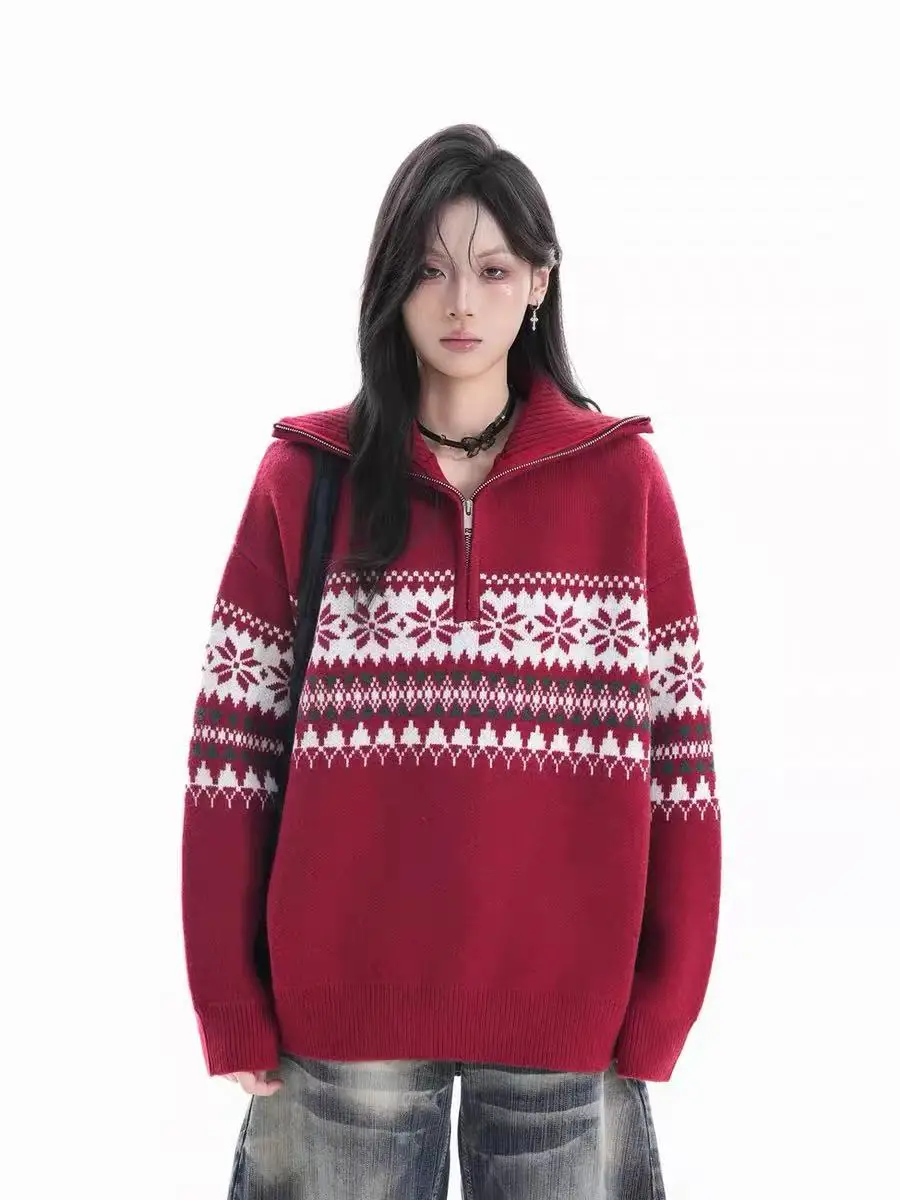 

Vintage f Zipper Knitted Sweater for Men And Women Casual Autumn Winter Lazy Sle New Year Red Sweater Polyester Fiber