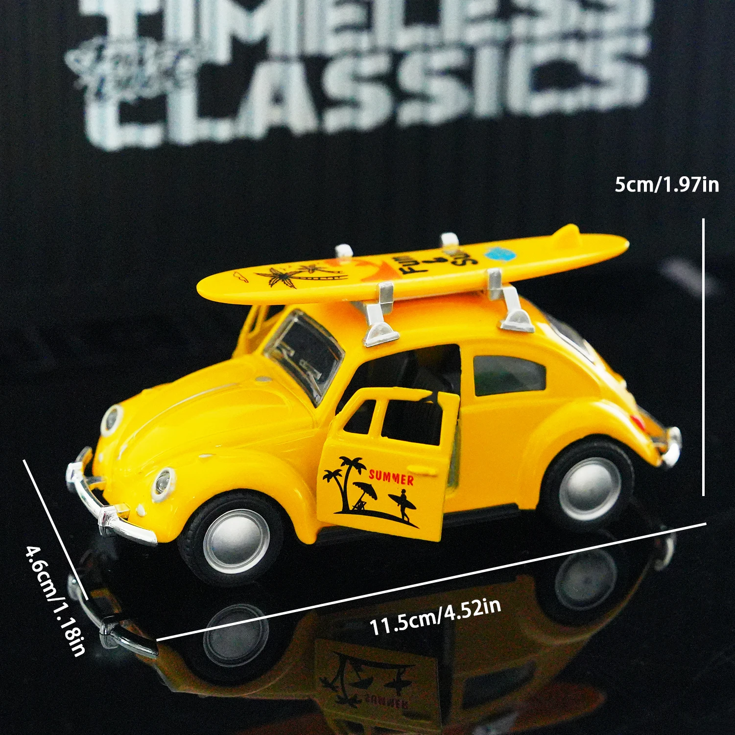 Vintage 1:32 Yellow Beetle Diecast Car with Surfboard, Retro Pull-Back Model Toy, Open Doors Collectible for Kids & Car Fans