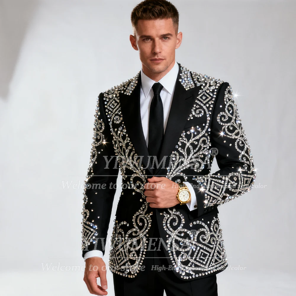 

Серебристые костюмы с бриллиантами и бисером, мужские костюмы для свадьбы, однобортный пиджак во французском стиле, индивидуальные костюмы из 2 предметов, роскошные смокинги для жениха
