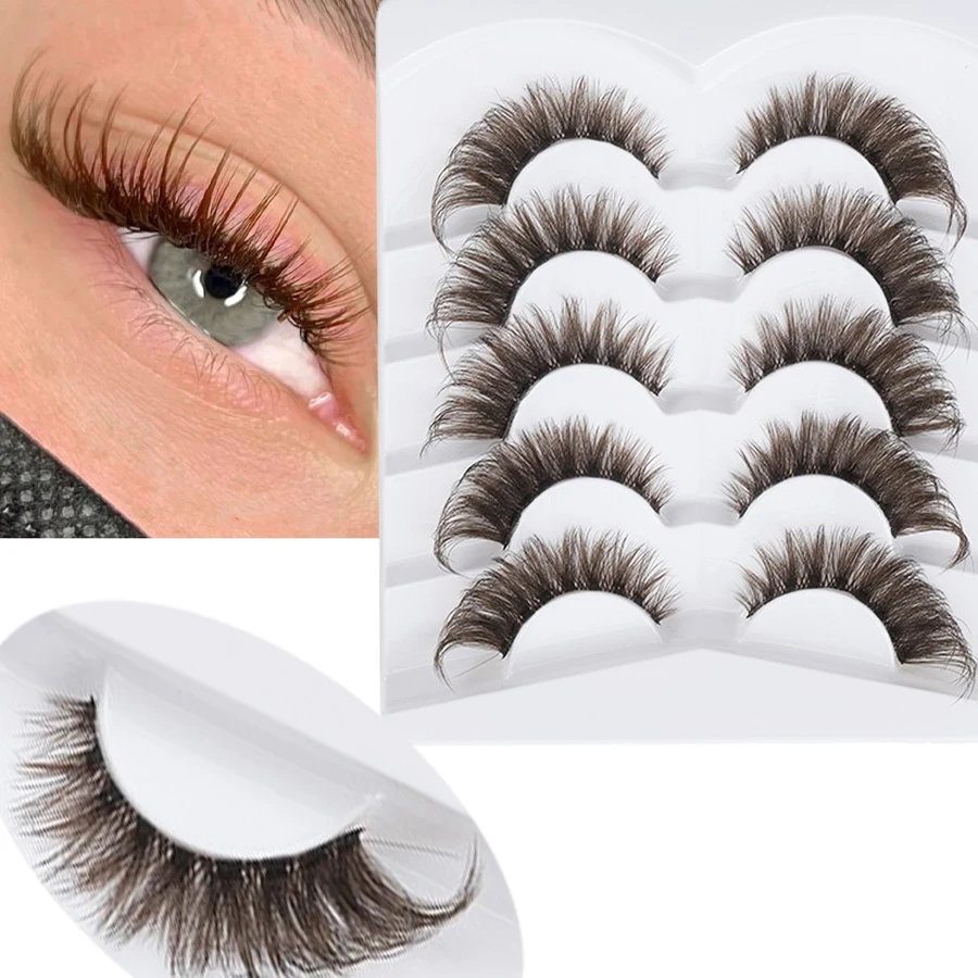 5 أزواج من الرموش الصناعية ذات الجذع الشفاف البني المائل بشكل طبيعي، جميلة وساحرة ولامعة