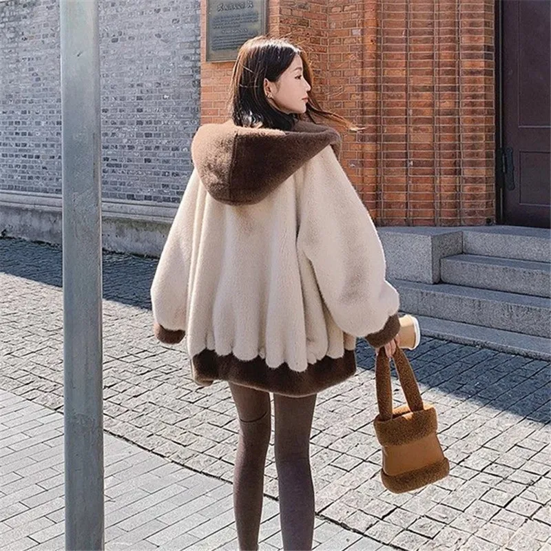 2023 Winter Fur Coat Women Leopard Print Mink Fur Plush Jacket Women Long Hooded Korean Loose Thick Warm Female Parker Jacket