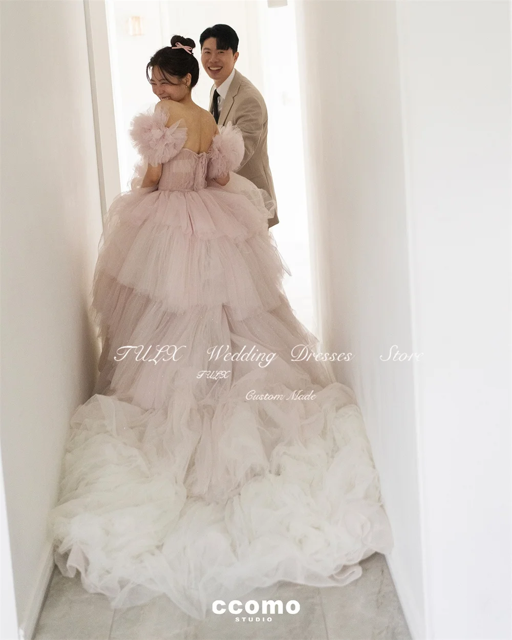 TULX Luxury Gradient Pink Strapless Evening Dresses Korea Tulle Wedding Photo Shoot Dress Long Tiered Formal Gown Custom Made