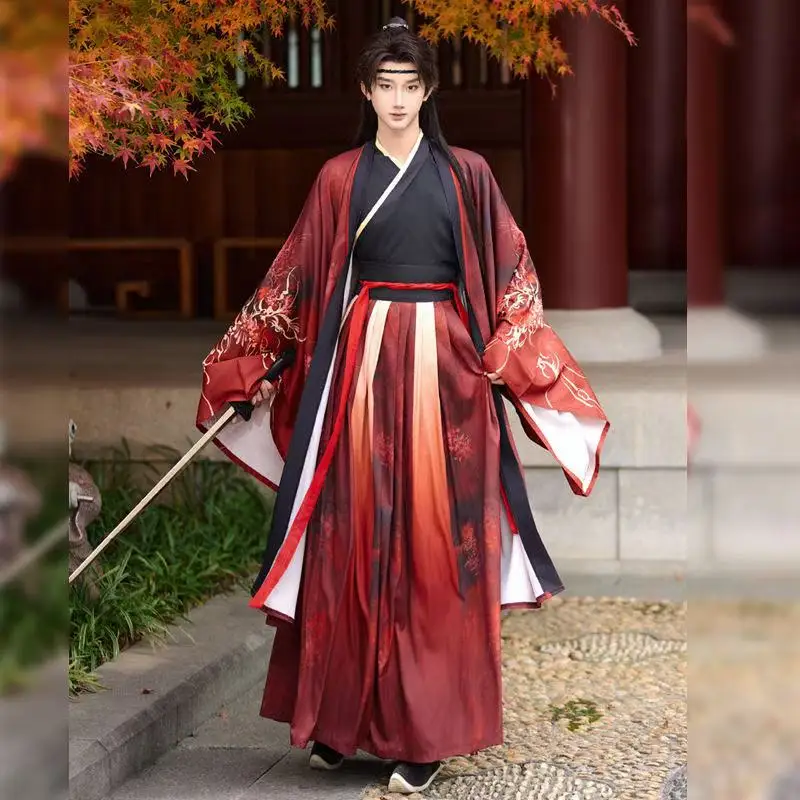 

Red Spider Lily Flower Hanfu Dress Men Women Traditional Red Black Shore Floral Printing Costume Ancient Swordsman Cosplay Suit