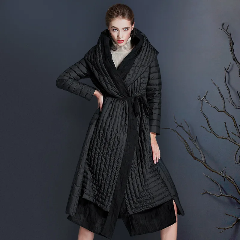 

Luxury High Quality Winter Down Jacket Women Quilted Puffer Jacket Patchwork Lightweight 90 White Duck Down Long Coat Lace-up