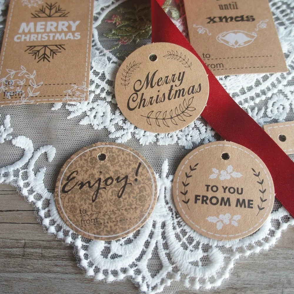 50pcs Christmas Black Words White Lace Design Paper Gift Tags Labels Party Gift Packaging Decoration Scrapbooking DIY