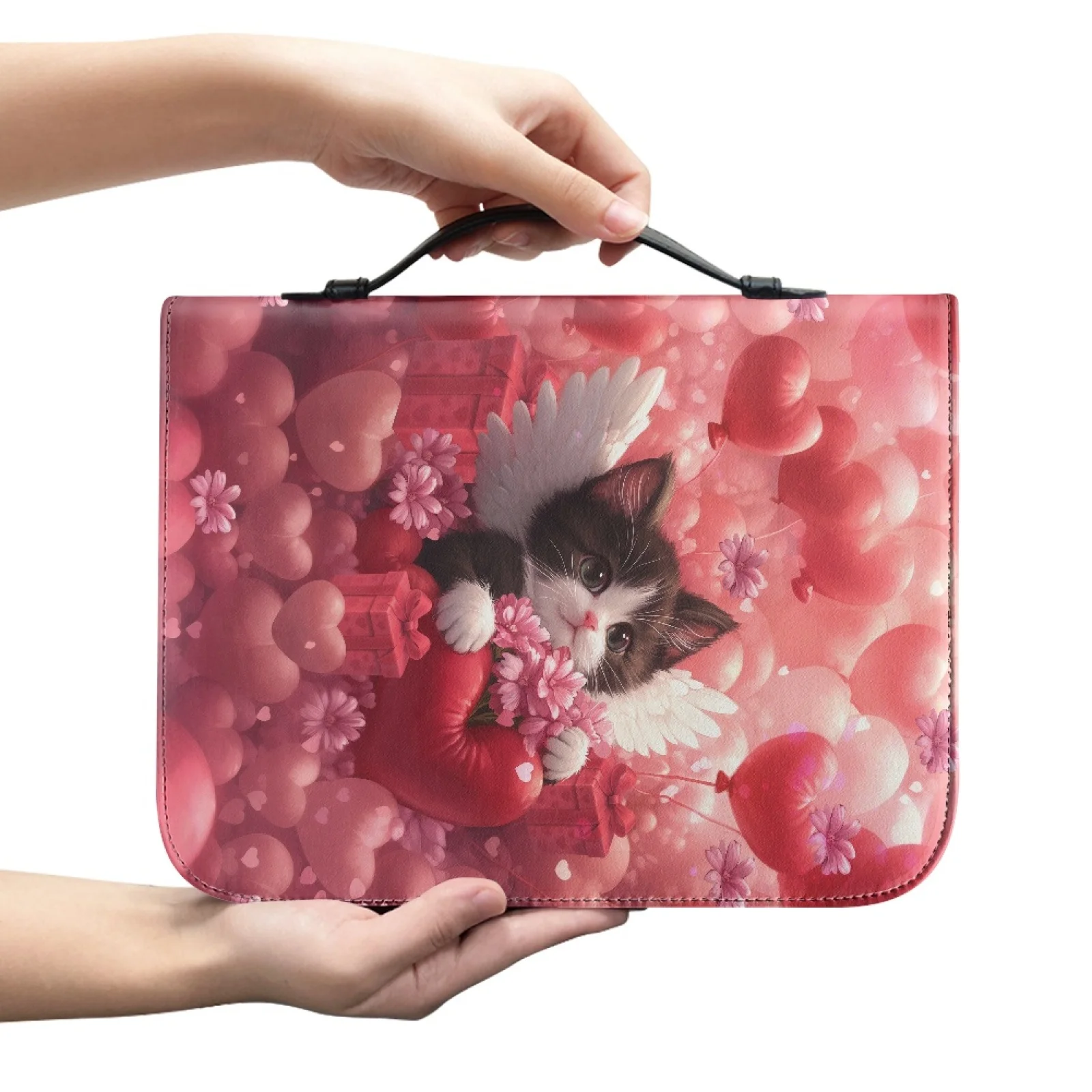 XIXIRIMIDO Cute Kitten Pink Floral Print New Design Book Holder Organizer PU Leather Large Capacity Bible Tote Bag for Women