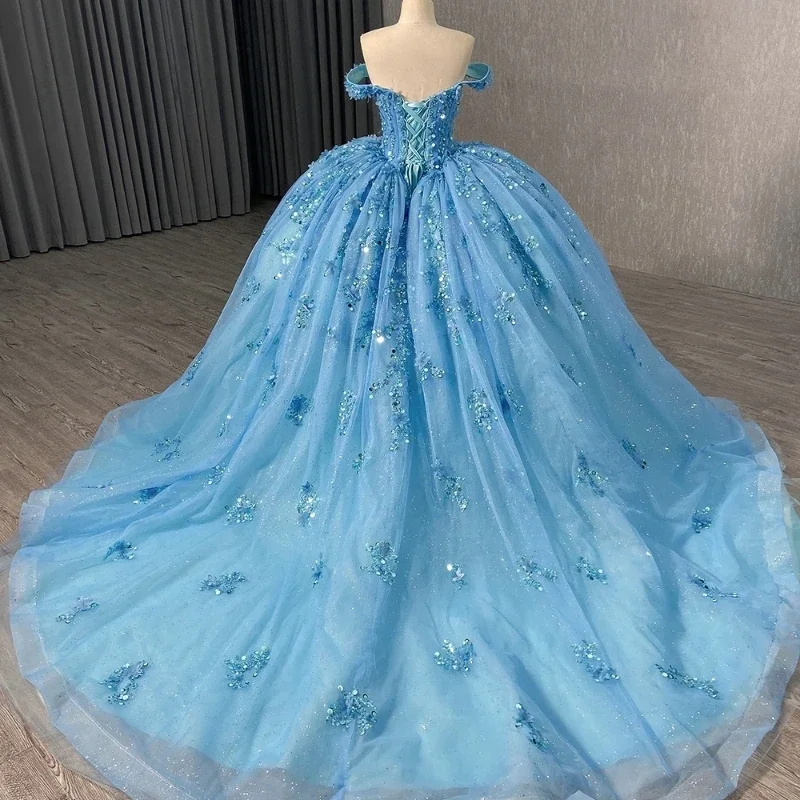 Angelsbridep-Vestido de baile azul celeste com tule glitter para mulheres, vestidos Quinceanera com apliques, vestido de festa, 2022