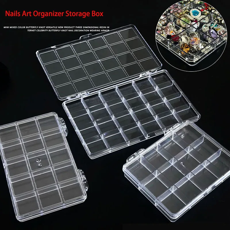 6/12/15/24Grids 1pc Transparent Nails Art Organizer Storage Box Nail Beads Diamonds Rhinestone Charms Case Accessories Organizer