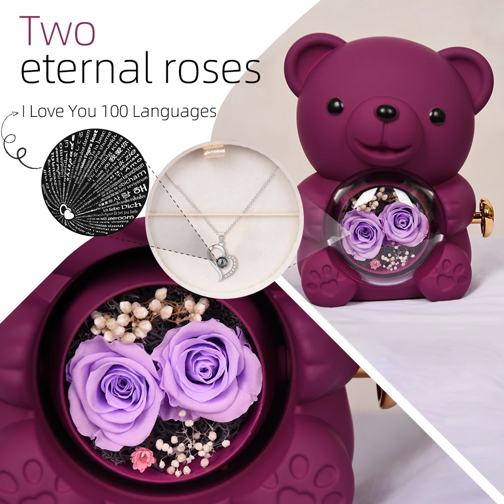 Special Two-Eternal Rose Flowers Teddy Bear Necklace with projection for Women Birthday Valentine's Day, Mother's Day gift