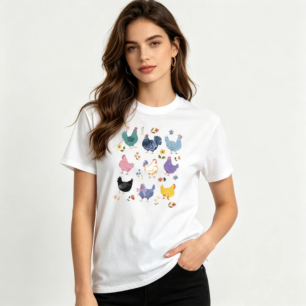 Watercolor Pastel Colorful Chicken Wildflower Graphic T-Shirt Cottagecore Farmhouse Aesthetic Shirt Women Casual Cotton Tops