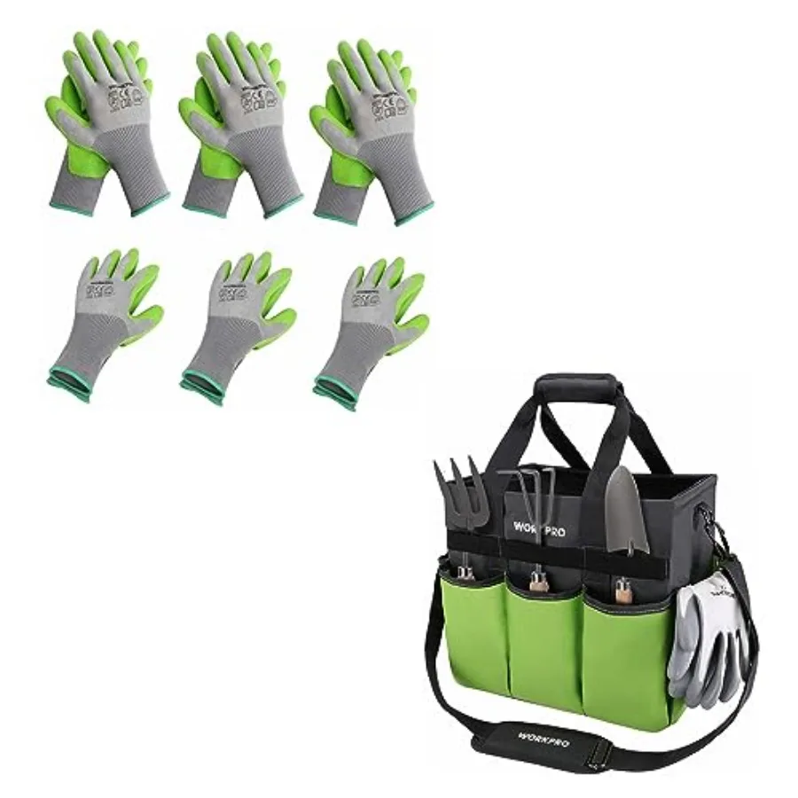 

WORKPRO 6 пар садовых перчаток (размер M) и сумка для переноски, из прочной хлопковой ткани, зеленые, многоразовые и удобные для садоводства на открытом воздухе