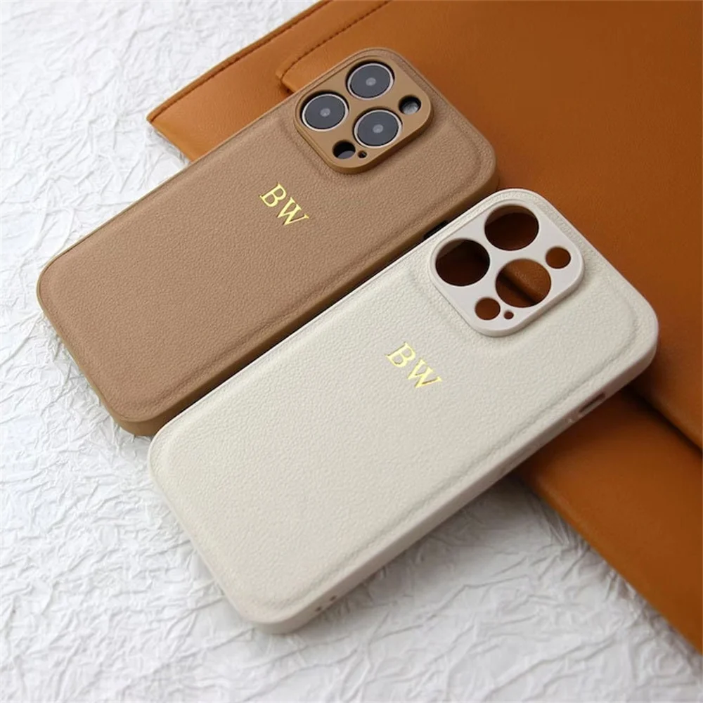 Personalise Initials Name Letters Leather PU Soft Phone Case For iPhone 15 14 13 12 11 Pro XS Max XR 7 8 Plus Luxury Plain Cover