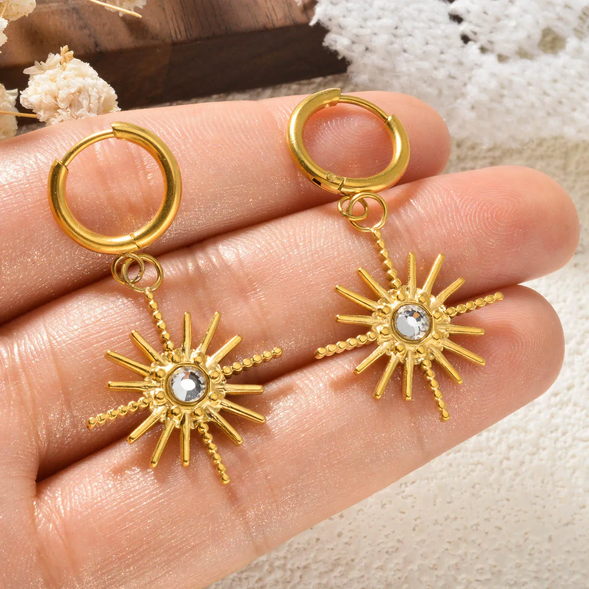 

Vintage Stainless Steel 18 k Gold Color Hoop Earrings Sun Geometric Pendant Drop Earrings Women Jewelry Gift On Party Wedding