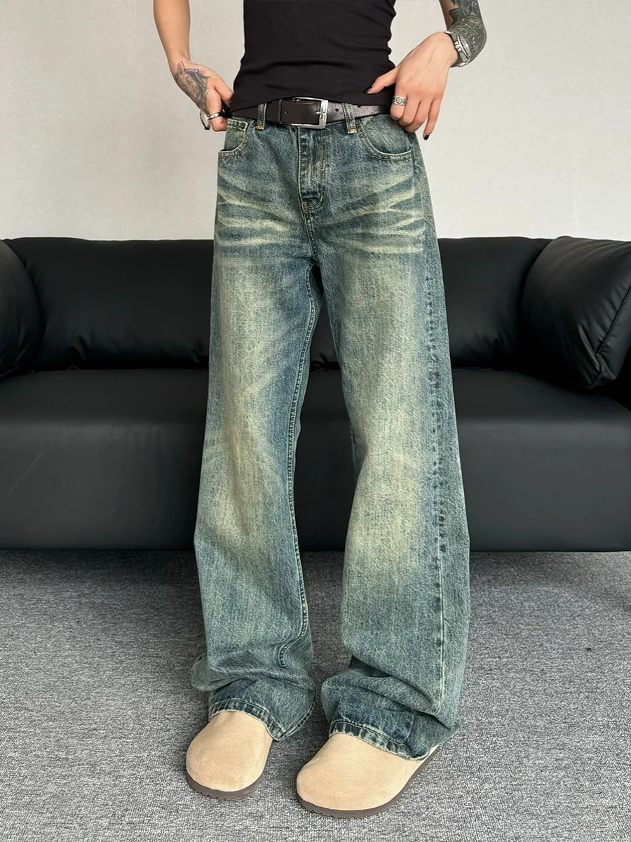 

American High Street Retro Waed Bell Bot Jeans Loose Straight Leg Pants Youth Casual Wear Resistant All Season Denim