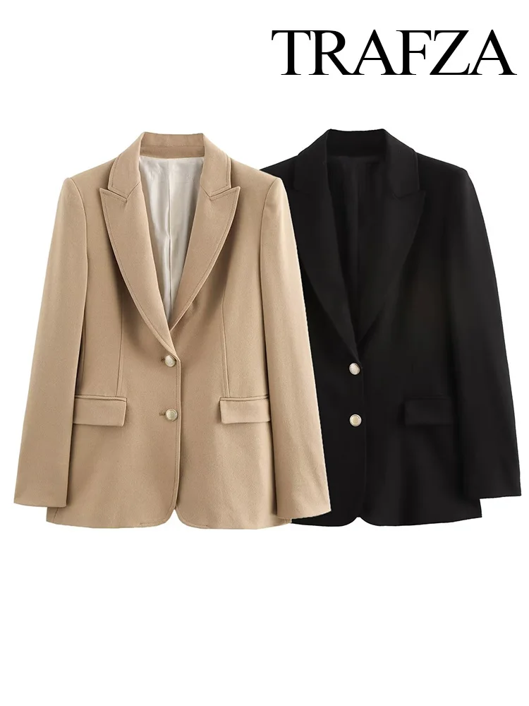 TRAFZA Women Elegant Solid Blazer Lapel Pocket Decorate Female Autumn Metal Buckle Long Sleeve Coat Street Style Jacket Mujer