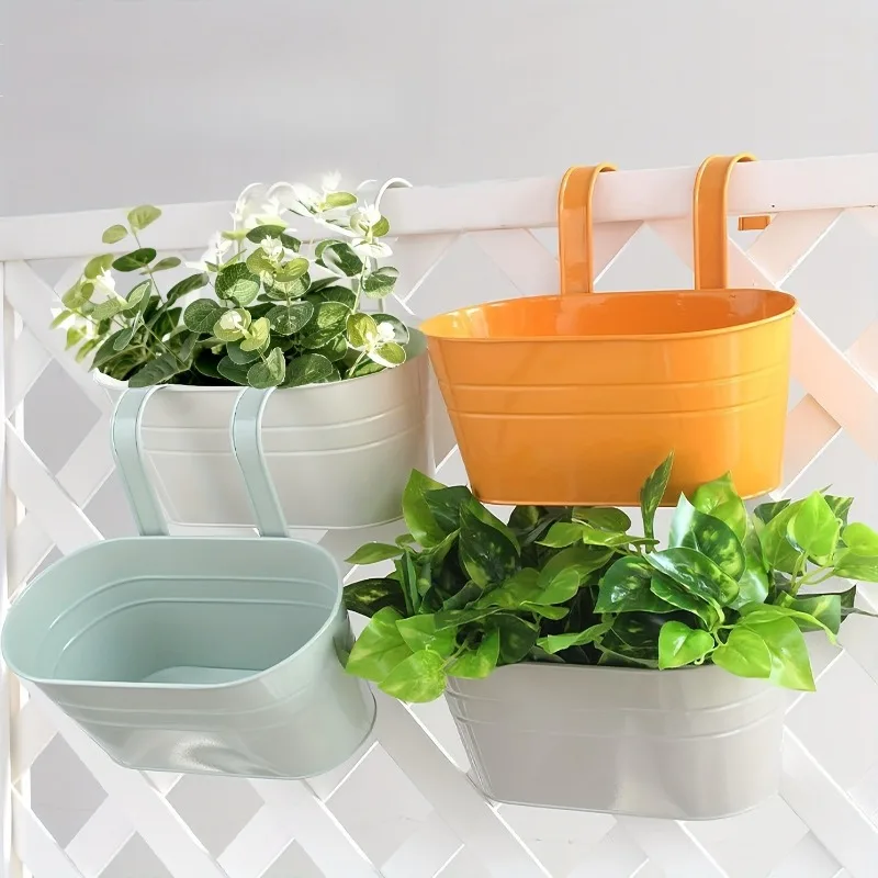 

4pcs Metal Hanging Oval Flowerpot Iron Flower Pot Holder Large Fence Balcony Green Planter Garden Hanging Pot & Detachable Hooks