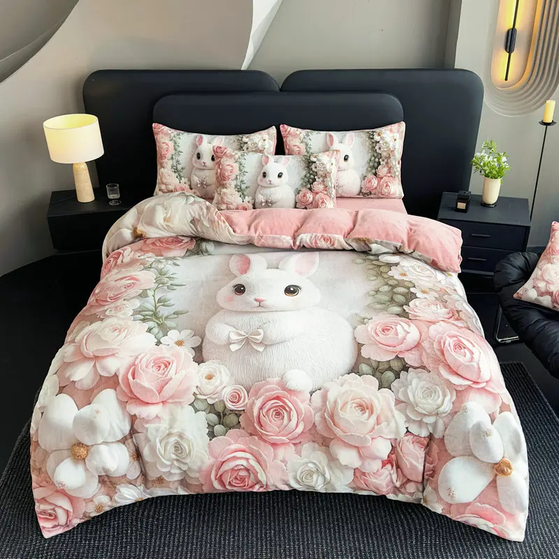 Winter Cartoon Pattern Milk Velvet Bedding Set Cold Winter Thick Flannel Quilt Cover Bed Sheet Pillowcase 3/4pcs for Children