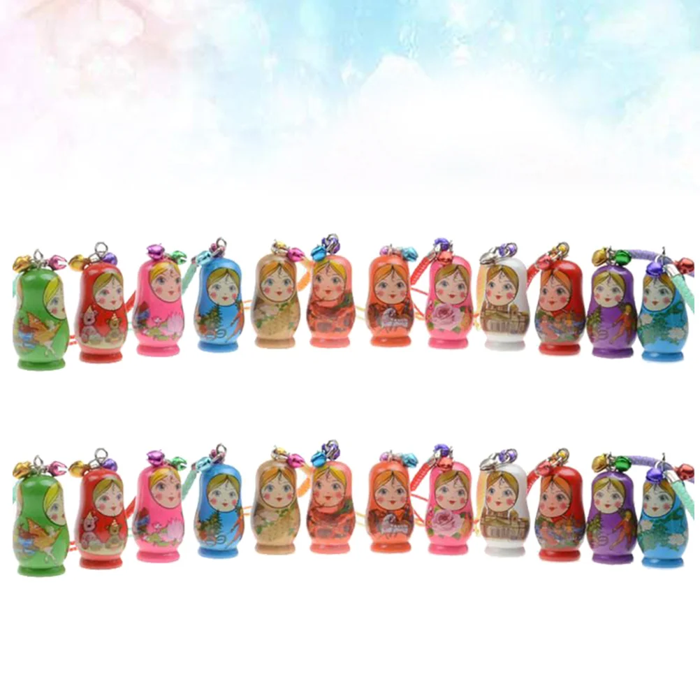 24 Pcs Keyring Wooden Russian Matryoshka Keychain Wallet Chains Dolls Rings Child