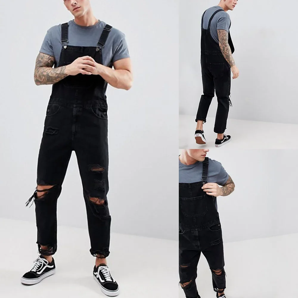 Men Jeans Ankle Length Holes Distressed Denim Overalls Pencil Pants Pockets One Piece Mid Waist High Street Spliced jumpsuit