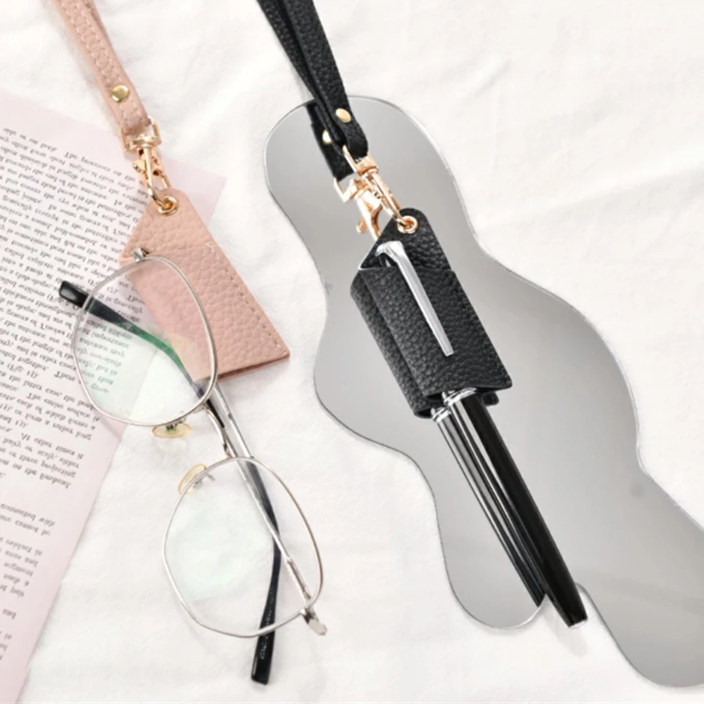 Creative Neck- Hanging Asymmetric Modeling Glasses Clip Multifunctional Pen Clip Portable PU Leather Pen Case Glasses Lanyard